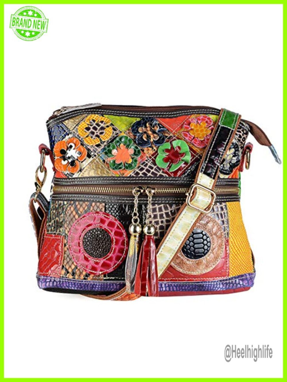 Genuine Cowhide Leather Crossbody Bag Floral Patchwork Shoulder Handbag